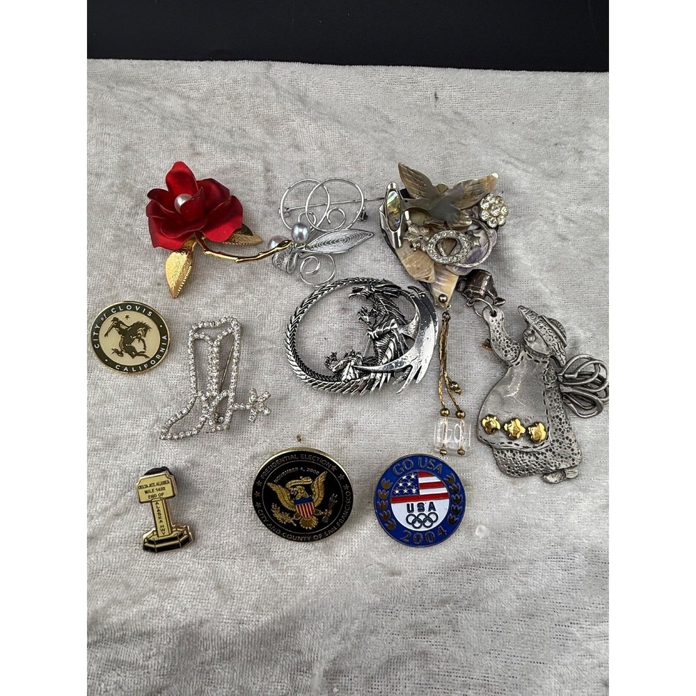 Vintage Brooch Lot Heart Flower Angel‎ Cowboy Boot Dragon